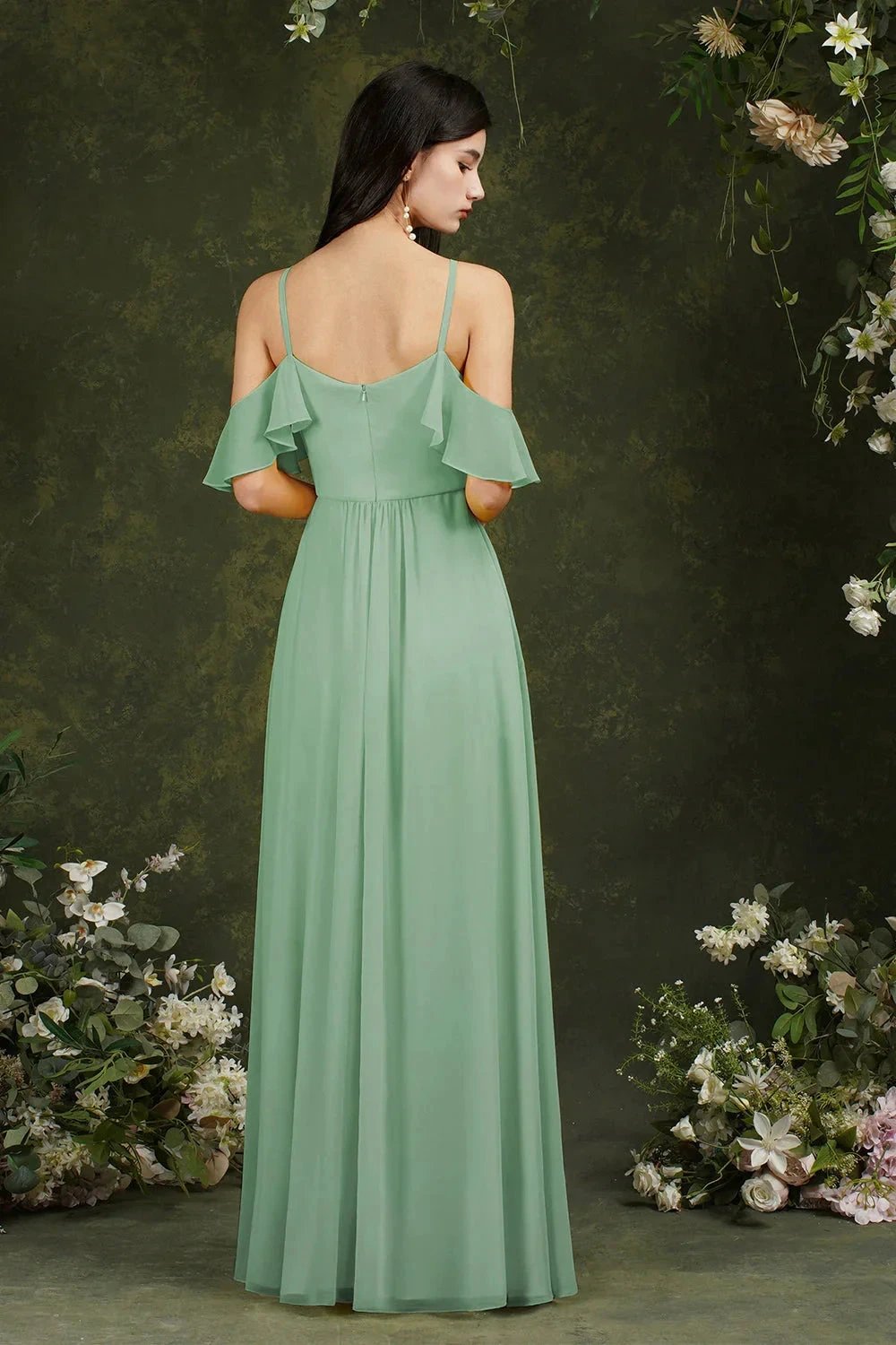 A-Line Spaghetti Straps Off-the-shoulder Ruffles Chiffon Bridesmaid Dress With Pockets