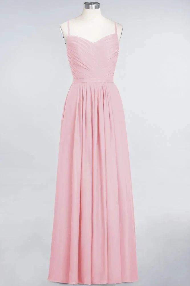 A-Line Spaghetti-Straps Sweetheart Sleeveless Bridesmaid Dress Ruffles Chiffon Evening Maxi Gown