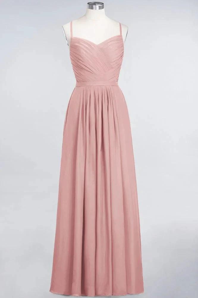 A-Line Spaghetti-Straps Sweetheart Sleeveless Bridesmaid Dress Ruffles Chiffon Evening Maxi Gown