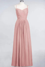 A-Line Spaghetti-Straps Sweetheart Sleeveless Bridesmaid Dress Ruffles Chiffon Evening Maxi Gown