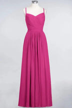 A-Line Spaghetti-Straps Sweetheart Sleeveless Bridesmaid Dress Ruffles Chiffon Evening Maxi Gown
