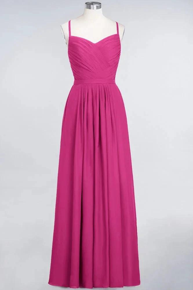 A-Line Spaghetti-Straps Sweetheart Sleeveless Bridesmaid Dress Ruffles Chiffon Evening Maxi Gown