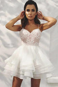 A-Line Spaghetti Straps Tiered White Homecoming Dress with Appliques PD405