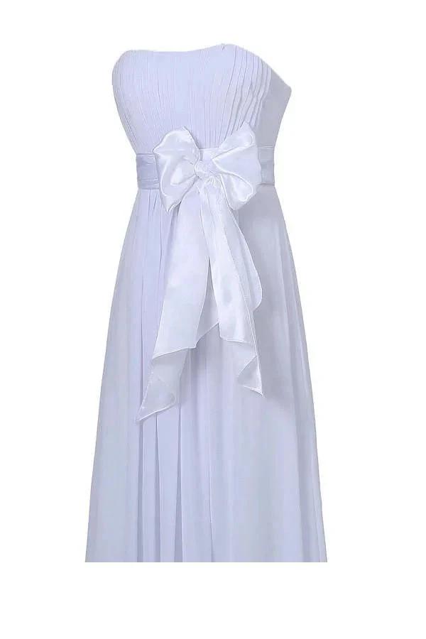 A-line Strapless Floor Length Chiffon White Bridesmaid Dress with Sash BD026