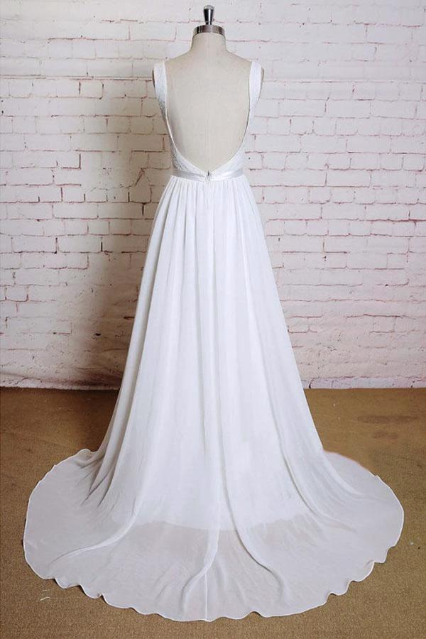 A-line Straps Court Train Chiffon Appliques Backless Wedding Dresses  WD172