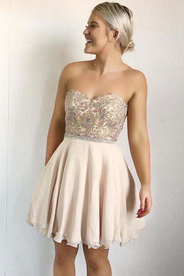 A-Line Sweetheart Pearl Pink Chiffon Homecoming Dress with Beading  PD029