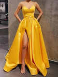 A-line Sweetheart Satin Graduation Prom Dresses Long Formal Gowns with Slit