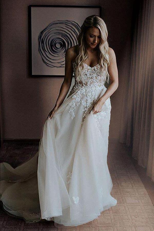 A-Line Sweetheart Sweep Train Wedding Dress with Appliques Beading WD393