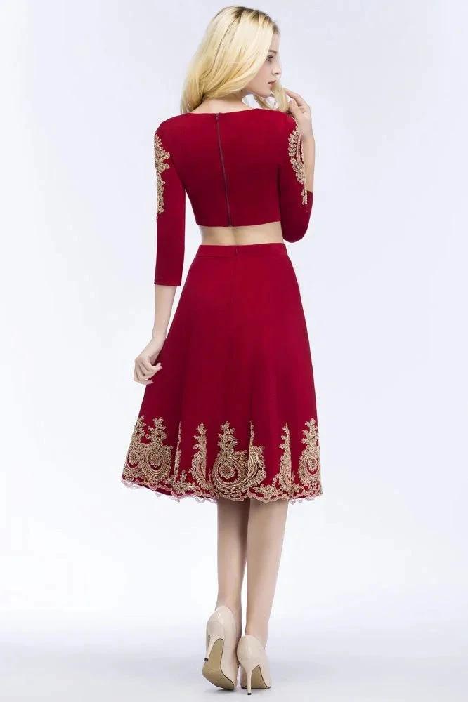 A-line Two-piece Plus Size Tea Length Long Sleeves Appliques Homecoming Dresses