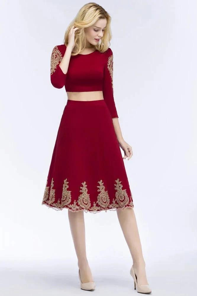 A-line Two-piece Plus Size Tea Length Long Sleeves Appliques Homecoming Dresses