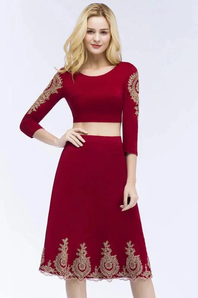 A-line Two-piece Plus Size Tea Length Long Sleeves Appliques Homecoming Dresses