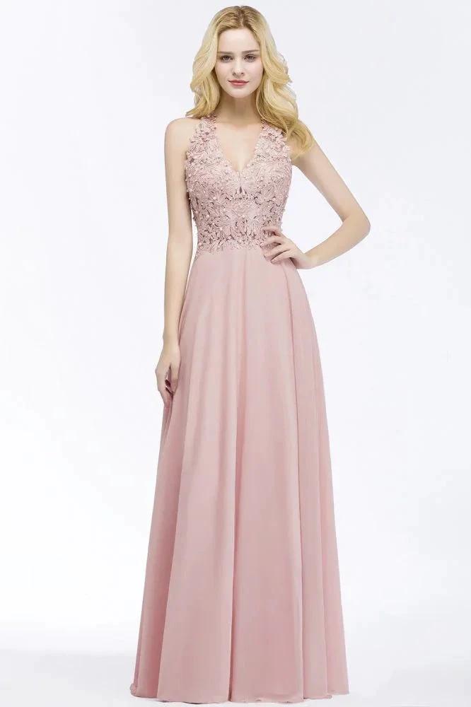 A-line V-neck Appliques Chiffon Evening Maxi Dresses Sleeveless Bridesmaid Dress