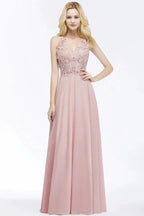 A-line V-neck Appliques Chiffon Evening Maxi Dresses Sleeveless Bridesmaid Dress
