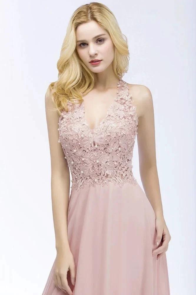 A-line V-neck Appliques Chiffon Evening Maxi Dresses Sleeveless Bridesmaid Dress