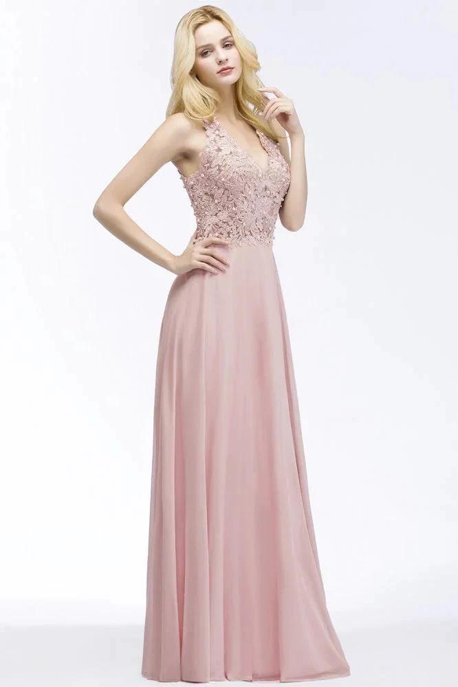 A-line V-neck Appliques Chiffon Evening Maxi Dresses Sleeveless Bridesmaid Dress
