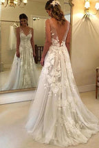 A-Line V-neck Backless Sweep Train Wedding Dress with Appliques WD394
