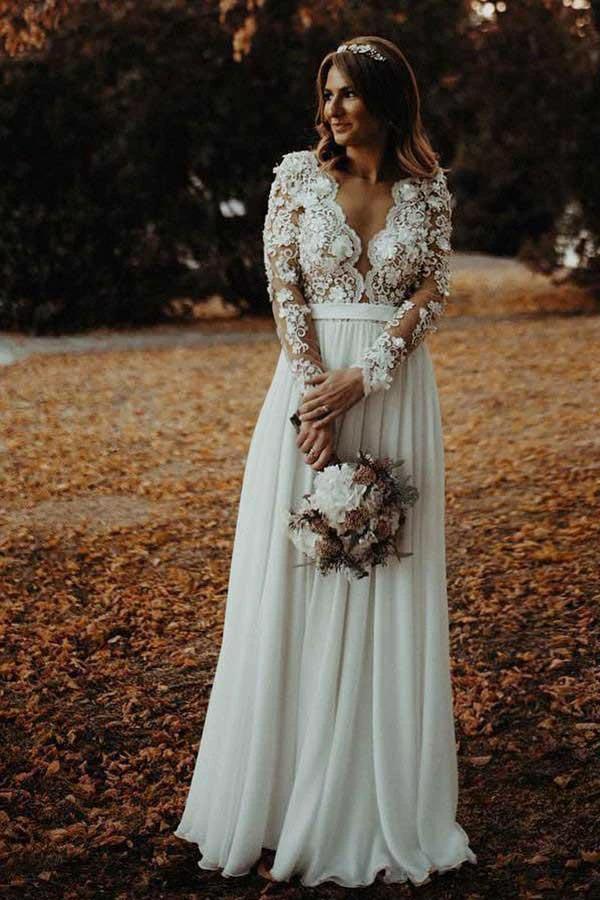 A-Line V-Neck Floor Length Chiffon Wedding Dress with Appliques Flowers  WD340
