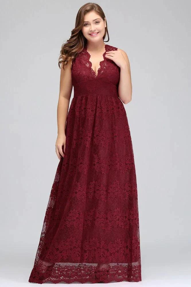A-Line V-neck Floor Length Sleeveless Plus size Lace Burgundy Evening Dresses