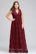 A-Line V-neck Floor Length Sleeveless Plus size Lace Burgundy Evening Dresses