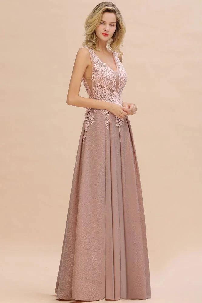 A-Line V-neck Floor-Length Tulle Sequined Prom Dresses