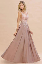 A-Line V-neck Floor-Length Tulle Sequined Prom Dresses
