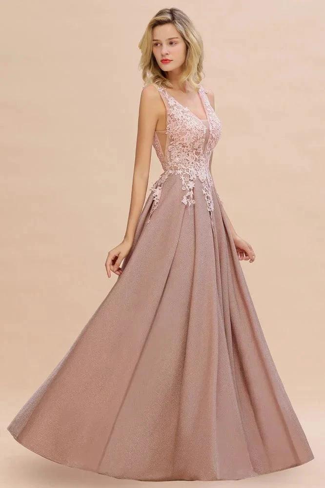 A-Line V-neck Floor-Length Tulle Sequined Prom Dresses
