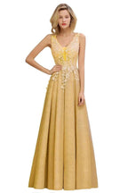 A-Line V-neck Floor-Length Tulle Sequined Prom Dresses