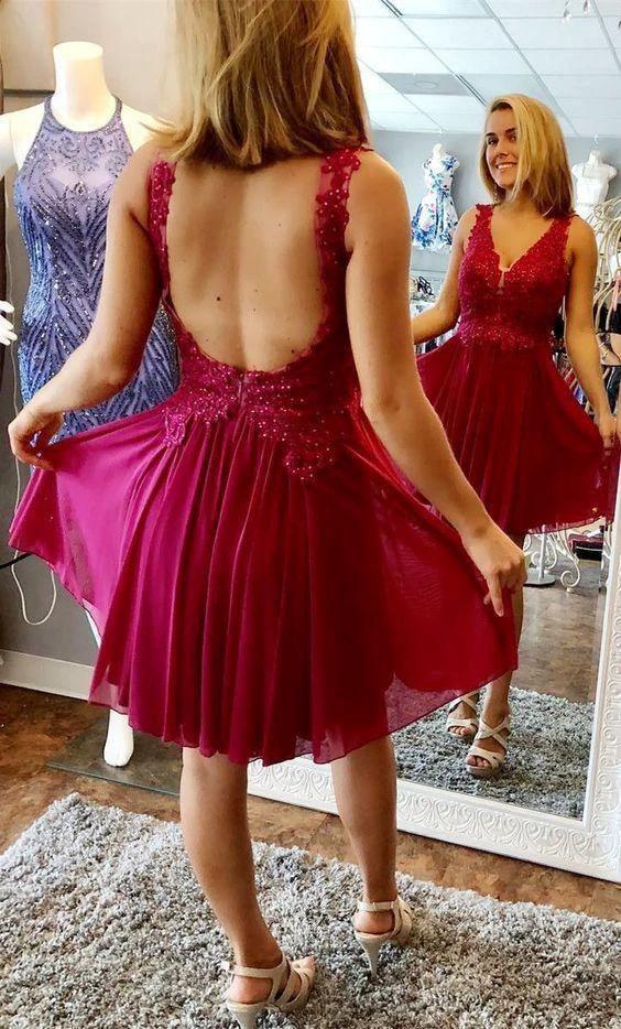 A-line V-neck Homecoming Dress Backless Short Prom Dress PD401
