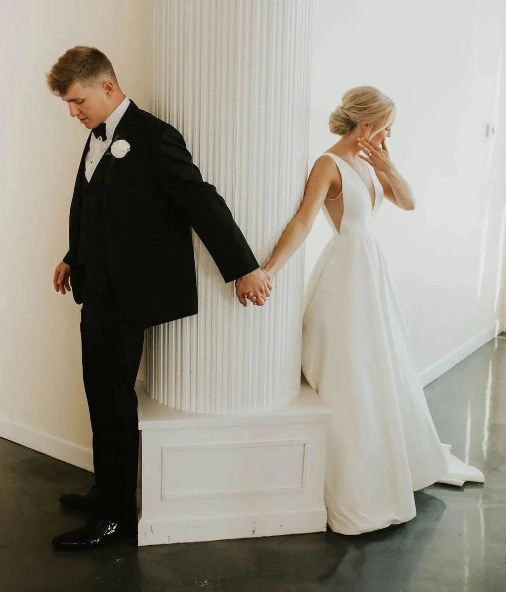 A-line V Neck Ivory Satin Simple Elegant Wedding Dresses WD488