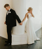 A-line V Neck Ivory Satin Simple Elegant Wedding Dresses WD488