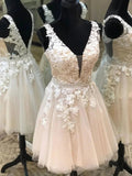 A-line V Neck Lace Floral Short Prom Dresses Backless Formal Graduation Homecoming Dresses