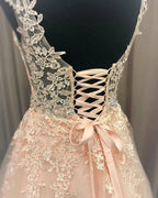 A Line V Neck Lace Long Formal Graduation Evening Prom Dresses with Belt