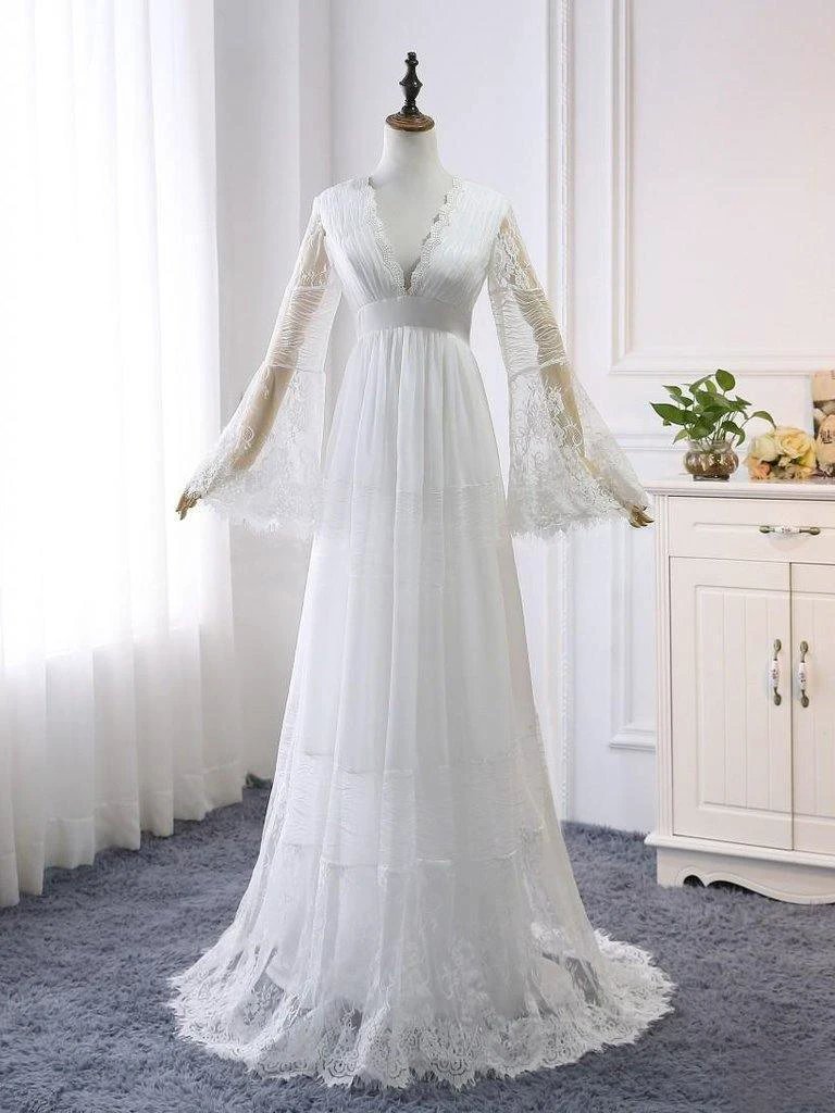 A-line V neck Long Sleeve Wedding Dress Rustic Boho Wedding Dress WD516
