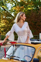 A-Line V-Neck Long Sleeves Satin Wedding Party Dress with Lace WD312