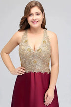 A-Line V-neck Plus size Long Sleeveless Evening Dresses with Appliques