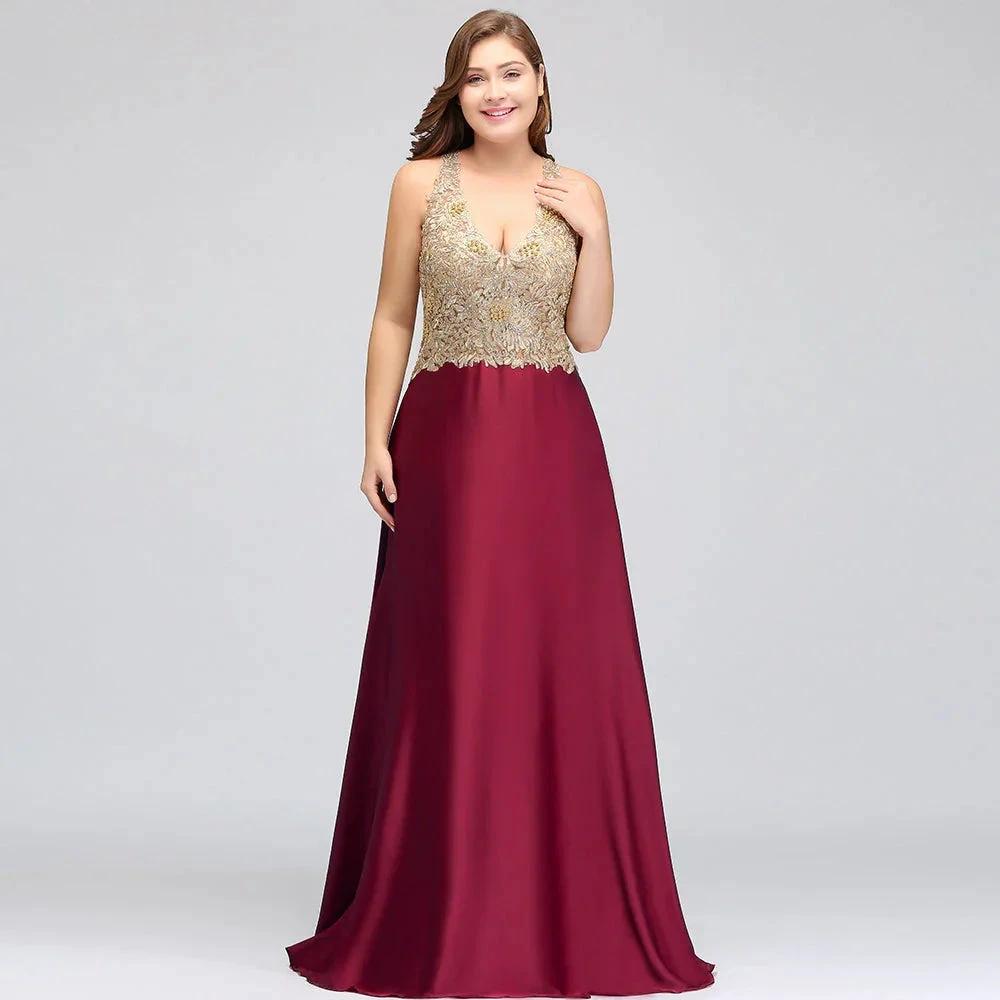 A-Line V-neck Plus size Long Sleeveless Evening Dresses with Appliques
