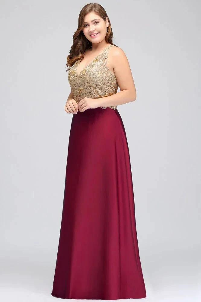 A-Line V-neck Plus size Long Sleeveless Evening Dresses with Appliques