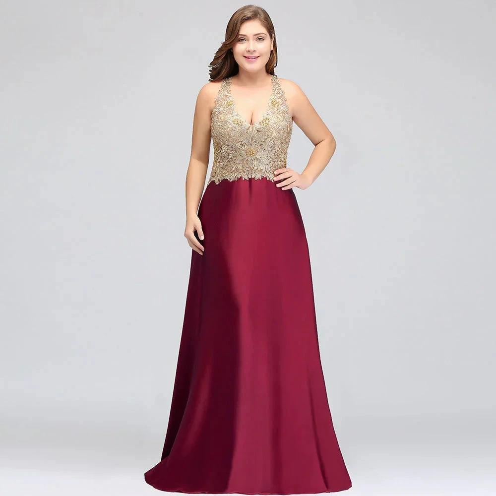A-Line V-neck Plus size Long Sleeveless Evening Dresses with Appliques