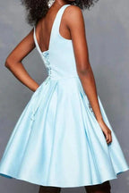 A Line V Neck Satin Burgundy Beaded Homecoming Dresses with Pockets  PD262