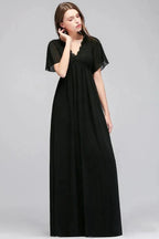 A-line V-neck Short Sleeves Long Black Chiffon Bridesmaid Dress