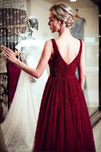 A-line V-neck Sleeveless Burgundy Sequins Tulle Evening Dress