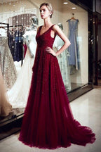 A-line V-neck Sleeveless Burgundy Sequins Tulle Evening Dress
