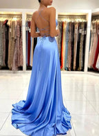 Simple Long A-Line V-Neck Sleeveless Satin Prom Dress With Split