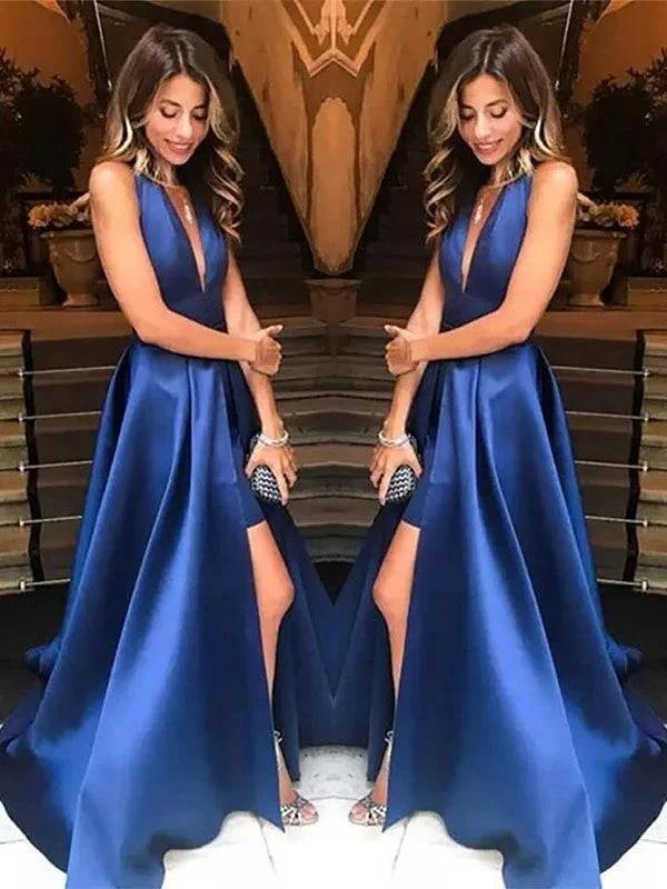A-Line V-neck Sleeveless With Ruffles Satin Prom Dresses
