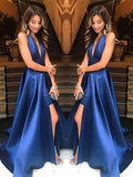 A-Line V-neck Sleeveless With Ruffles Satin Prom Dresses
