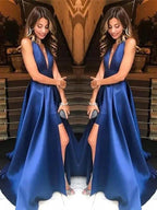 A-Line V-neck Sleeveless With Ruffles Satin Prom Dresses