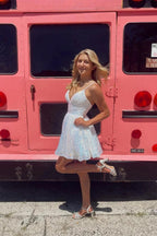 A-line V-neck Spaghetti Straps Sleeveless Sequined Homecoming Dresses
