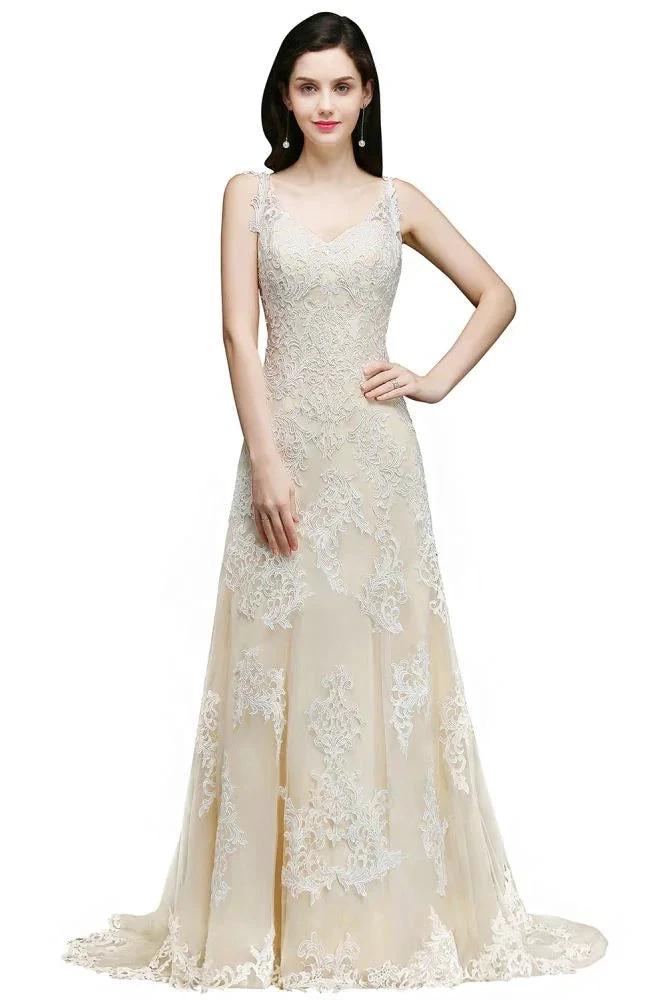 A-line V-Neck Sweep Train Prom Dresses