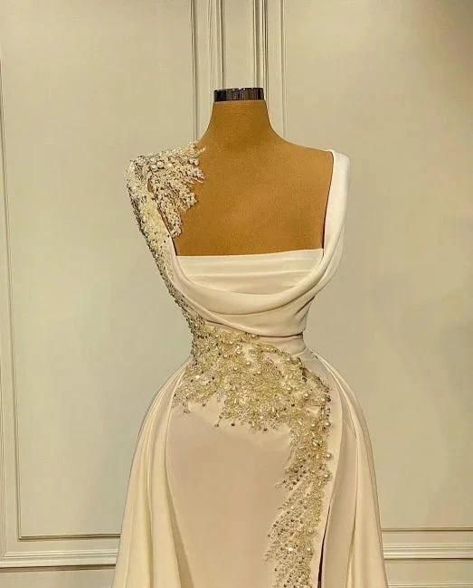 A-Line Wide Straps Square Neckline Beading Prom Dress With Side Slit