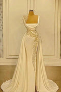 A-Line Wide Straps Square Neckline Beading Prom Dress With Side Slit